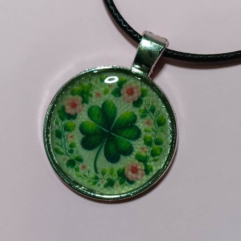 Handmade One of a Kind St. Patrick's Day Four Leaf Clover glass Bezel pendant